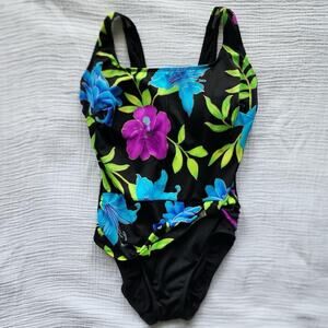 Robby Len One-Piece Swimsuit Size 8 Black Blue Floral Padding Swim Bathing Suit